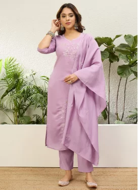 Silk Blend Readymade Salwar Suit with Embroidered Work in Lavender