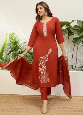 Silk Blend Readymade Salwar Suit with Embroidered Work in Red for Ceremonial