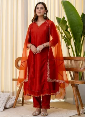 Silk Blend Readymade Salwar Suit with Embroidered Work in Red for Festival