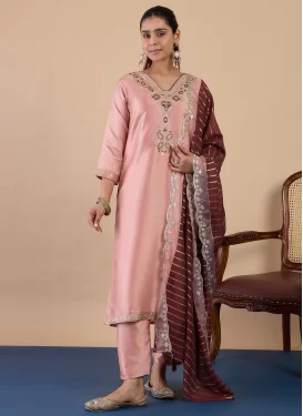 Silk Blend Readymade Salwar Suit with Embroidered Work in Salmon for Ceremonial
