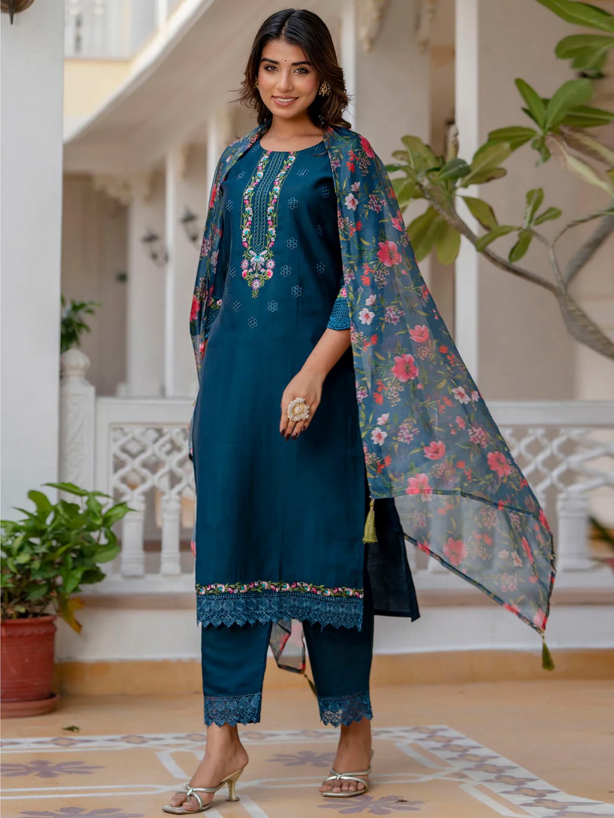 Modern Teal Cotton Blend Trendy Fashioner Readymade Suit Collection With Teal Silk Blend