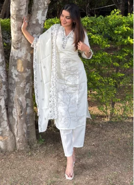 Silk Blend Readymade Salwar Suit with Embroidered Work in White