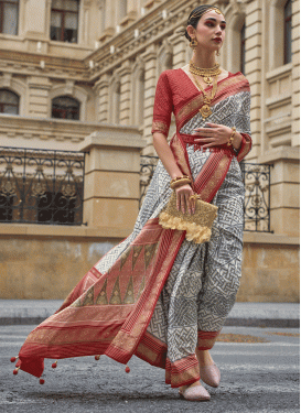Silk Blend Red and Silver Color Designer Contemporary Saree