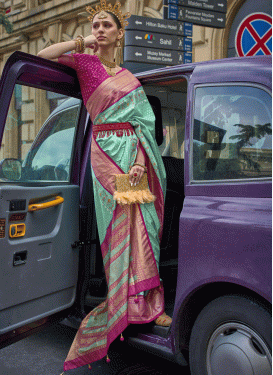 Silk Blend Rose Pink and Turquoise Trendy Classic Saree