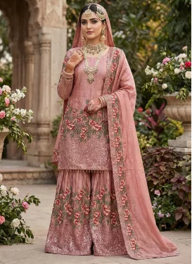 Silk Blend Sharara Suit in Salmon with Embroidered Work for Festival