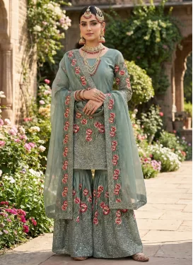 Silk Blend Sharara Suit with Embroidered Work for Festival in Sea Green