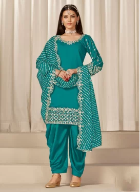 Silk Blend Straight Suit with Embroidered Work for Ceremonial in Aqua Blue
