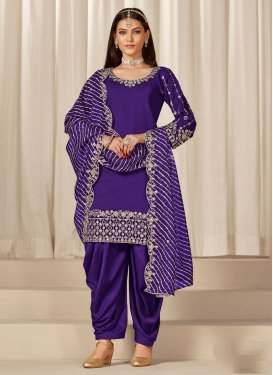 Silk Blend Straight Suit with Embroidered Work for Festival in Purple
