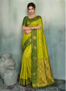 Silk Blend Traditional Saree in Aloe Veera Green and Olive with Woven Work for Festival