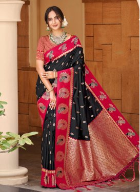Silk Blend Traditional Saree in Black and Red with Woven Work for Women
