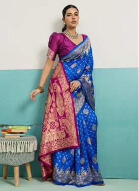 Silk Blend Traditional Saree in Blue and Fuchsia with Woven Work for Women