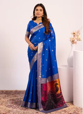 Silk Blend Traditional Saree in Blue with Digital Print Work for Ceremonial