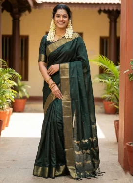 Silk Blend Traditional Saree in Bottle Green with Woven Work for Women