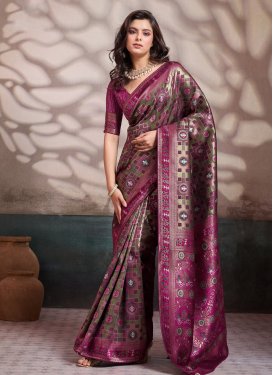 Silk Blend Traditional Saree in Fuchsia and Olive with Woven Work for Women