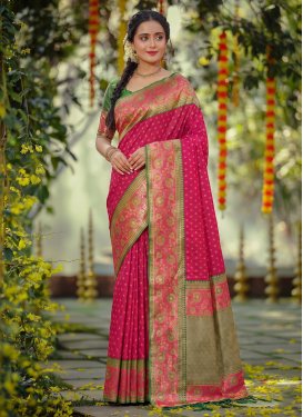 Silk Blend Traditional Saree in Green and Rose Pink with Woven Work for Women