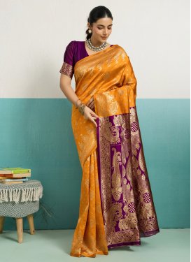 Silk Blend Traditional Saree in Orange and Purple with Woven Work for Casual