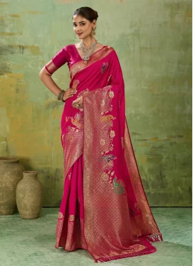 Silk Blend Traditional Saree in Rose Pink with Woven Work for Casual