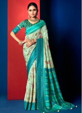 Silk Blend Traditional Saree with Digital Print Work for Festival in Sea Green and Teal