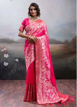 Silk Blend Traditional Saree with Woven Work for Casual in Rose Pink