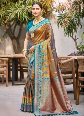 Silk Blend Traditional Saree with Woven Work for Festival in Brown and Light Blue