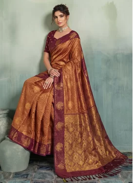 Silk Blend Traditional Saree with Woven Work for Festival in Maroon and Peach