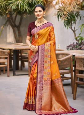 Silk Blend Traditional Saree with Woven Work for Festival in Orange