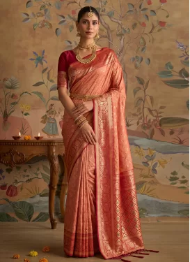 Silk Blend Traditional Saree with Woven Work for Festival in Peach and Red