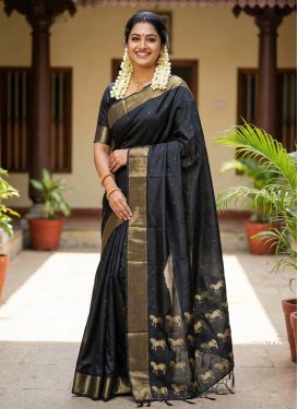 Silk Blend Traditional Saree with Woven Work for Women in Black