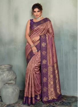 Silk Blend Traditional Saree with Woven Work for Women in Mauve Pink and Purple
