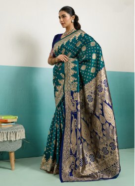 Silk Blend Traditional Saree with Woven Work for Women in Navy Blue and Teal