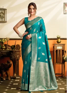 Silk Blend Traditional Saree with Woven Work in Aqua Blue