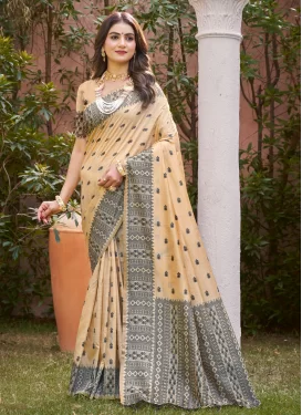 Silk Blend Traditional Saree with Woven Work in Beige and Black for Festival