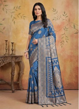 Silk Blend Traditional Saree with Woven Work in Blue for Casual