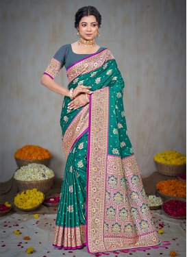 Silk Blend Traditional Saree with Woven Work in Green for Ceremonial