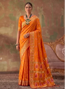 Silk Blend Traditional Saree with Woven Work in Orange