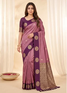 Silk Blend Traditional Saree with Woven Work in Pink and Purple