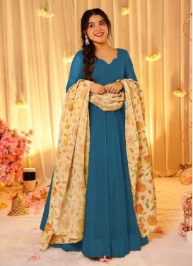 Silk Blend Trendy Gown with Digital Print Work in Teal