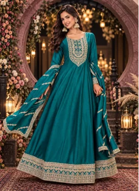 Silk Blend Trendy Gown with Embroidered Work for Women in Teal
