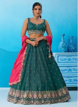 Silk Blend Trendy Lehenga Choli with Embroidered Work for Party in Teal