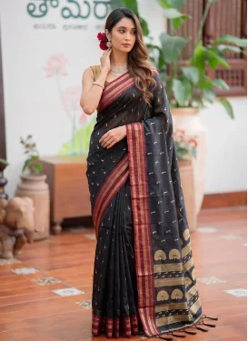 Silk Blend Trendy Saree in Black with Woven Work for Women