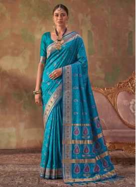 Silk Blend Trendy Saree in Light Blue with Woven Work for Ceremonial