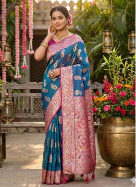 Silk Blend Trendy Saree in Magenta and Teal with Woven Work for Women