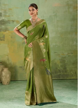 Silk Blend Trendy Saree in Olive with Woven Work for Women