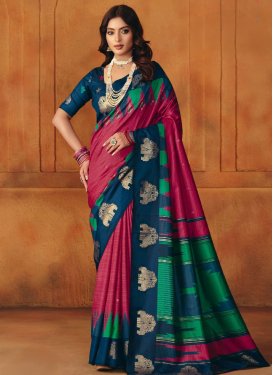 Silk Blend Trendy Saree with Woven Work for Casual in Navy Blue and Rose Pink