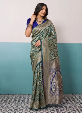 Silk Blend Trendy Saree with Woven Work for Casual in Navy Blue and Teal