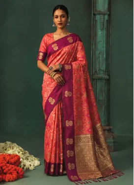Silk Blend Trendy Saree with Woven Work for Ceremonial in Magenta and Salmon