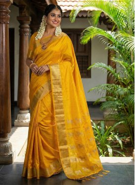 Silk Blend Trendy Saree with Woven Work for Ceremonial in Mustard