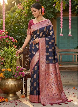 Silk Blend Trendy Saree with Woven Work for Ceremonial in Navy Blue and Red