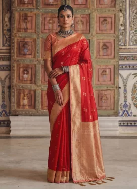 Silk Blend Trendy Saree with Woven Work for Ceremonial in Red