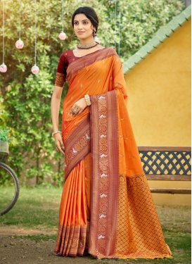 Silk Blend Trendy Saree with Woven Work for Party in Orange